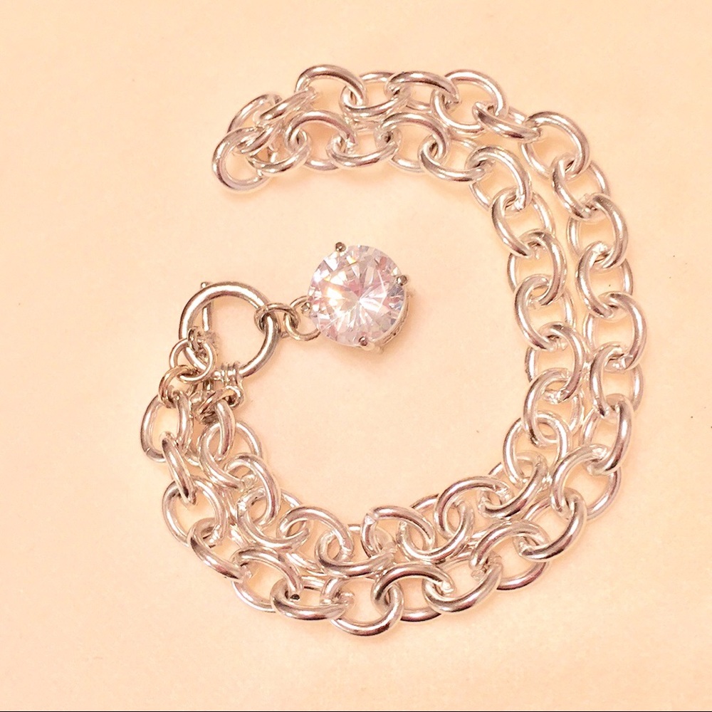 NECKLACE π SILVER CHAIN LINK π LARGE RHINESTONE - Picture 3 of 4